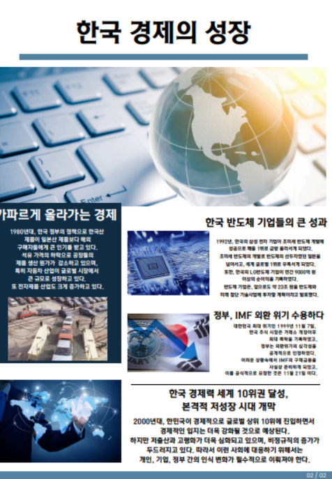 한국 경제의 성장과 산업 변화를 기사 형식으로 구성한 익명 모둠 신문