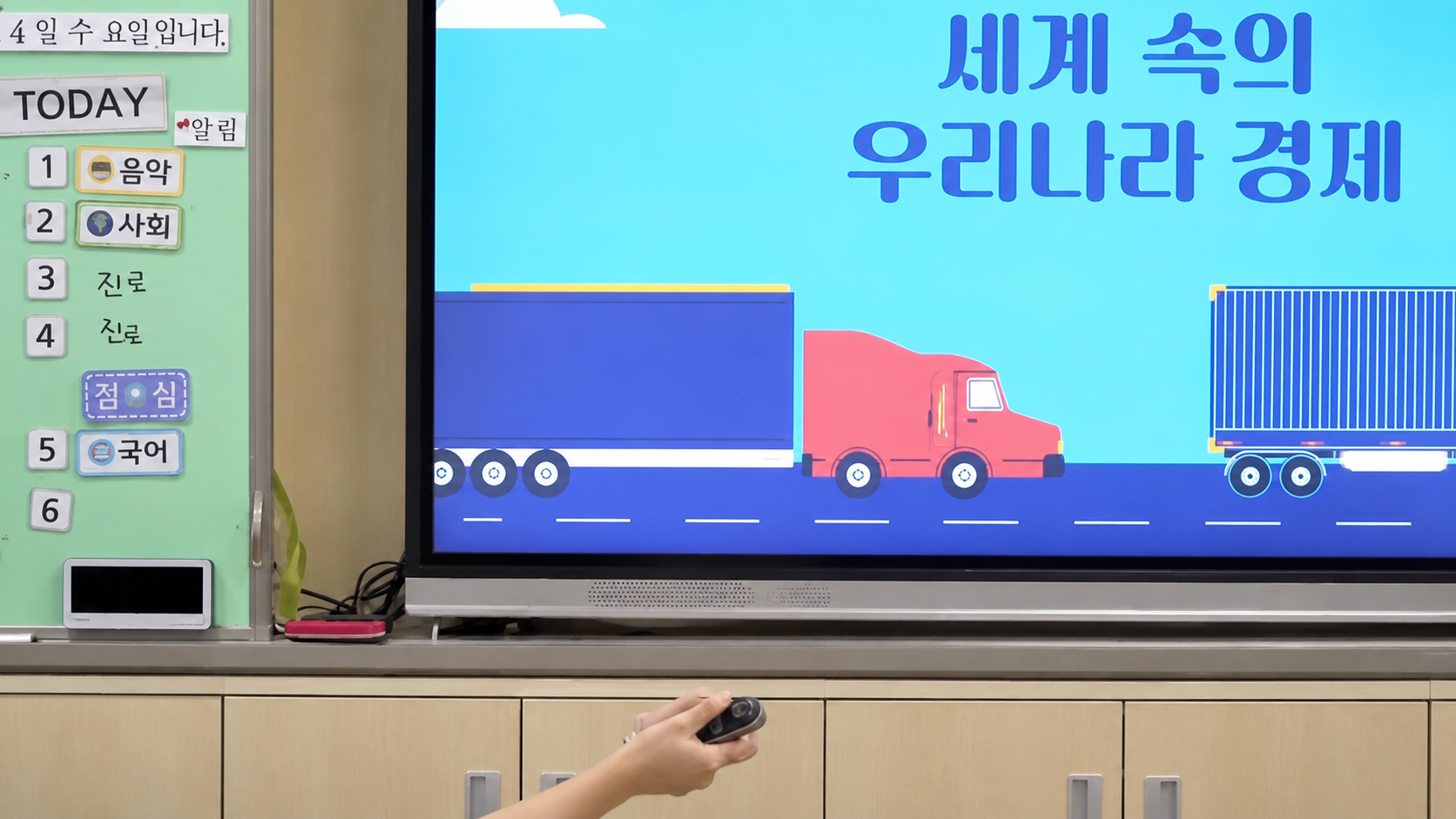 수업 화면과 클릭커를 든 손만 남겨 익명화한 질문 활동 장면