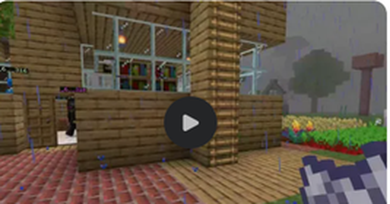 목재 건물 주변에 화단과 경작 공간을 배치한 Minecraft 녹색도시 주거지역